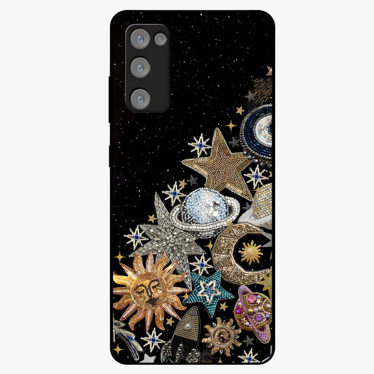 Cosmic Sparkle Dreams Glass Case showing flat back view with sparkling cosmic artwork and glossy glass finish.