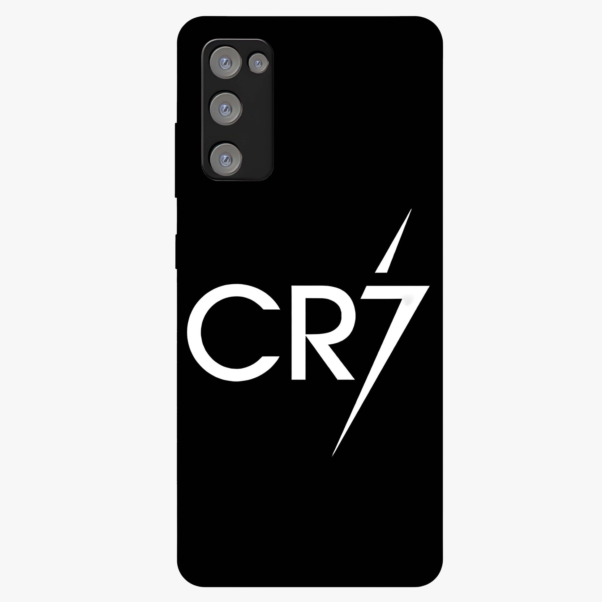 Cr7 Elite Strike Glass Case showing flat back view with dynamic football inspired artwork and glossy glass finish.