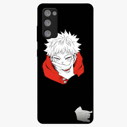 Crimson Chaos Smile Glass Case showing flat back view with bold chaotic smile artwork and glossy glass finish.