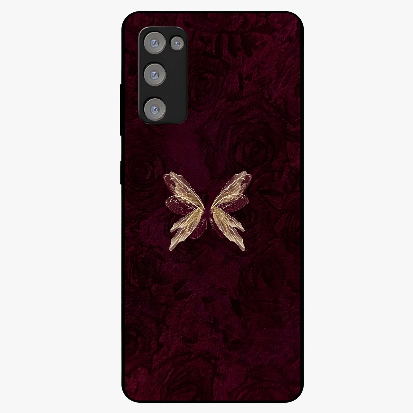 Crimson Fade Butterfly Glass Case showing flat back view with fading butterfly artwork and glossy glass finish.