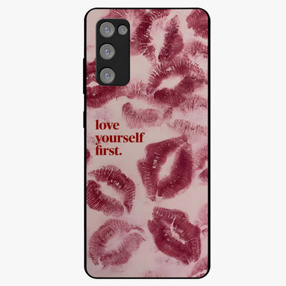 Crimson Kiss Love Glass Case showing flat back view with romantic crimson themed artwork and glossy glass finish.
