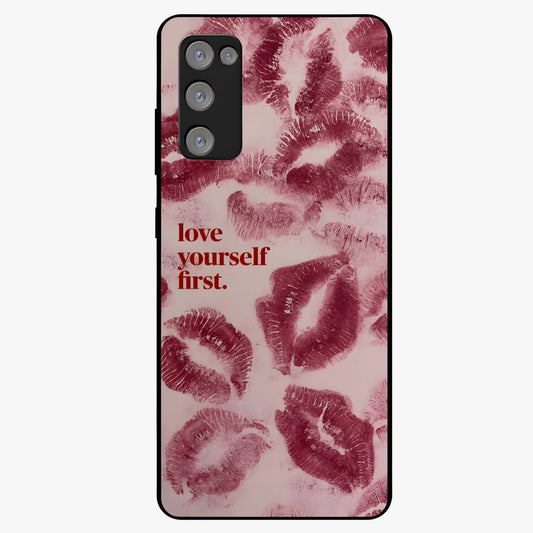Crimson Kiss Love Glass Case showing flat back view with romantic crimson themed artwork and glossy glass finish.