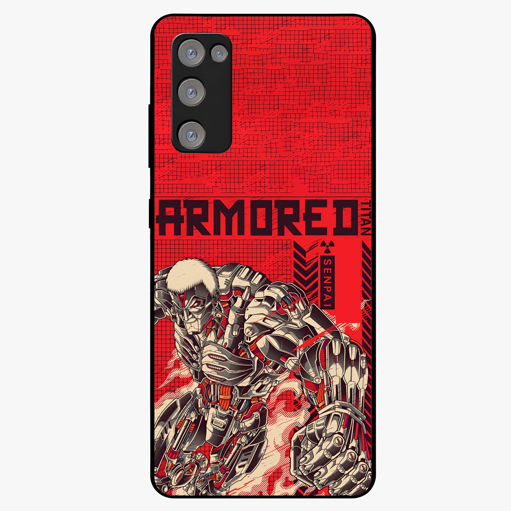 Crimson Mecha Titan Glass Case showing flat back view with powerful mech titan artwork and glossy glass finish.