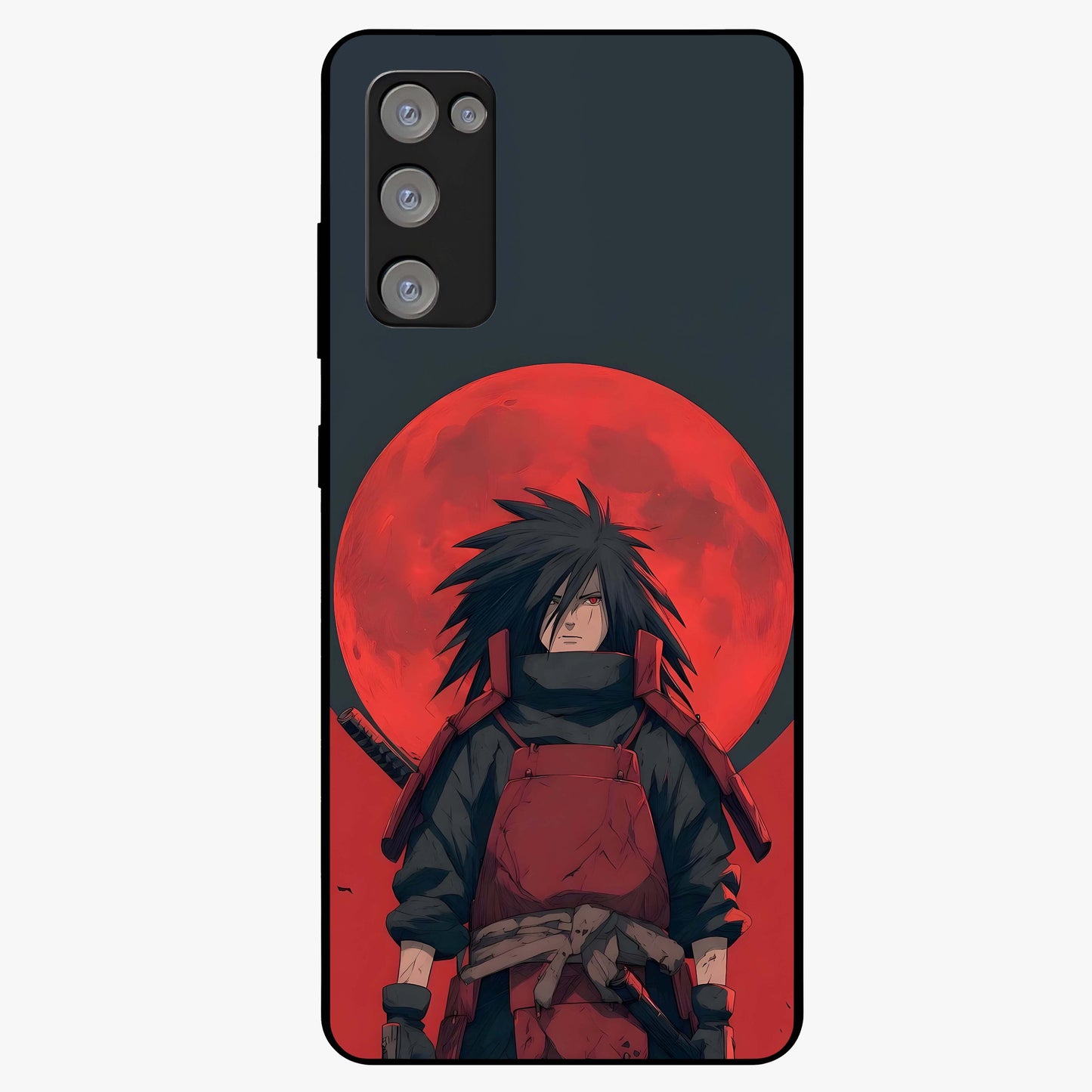 Crimson Moon Warlord Glass Case showing flat back view with mystical moon warrior artwork and glossy glass finish.
