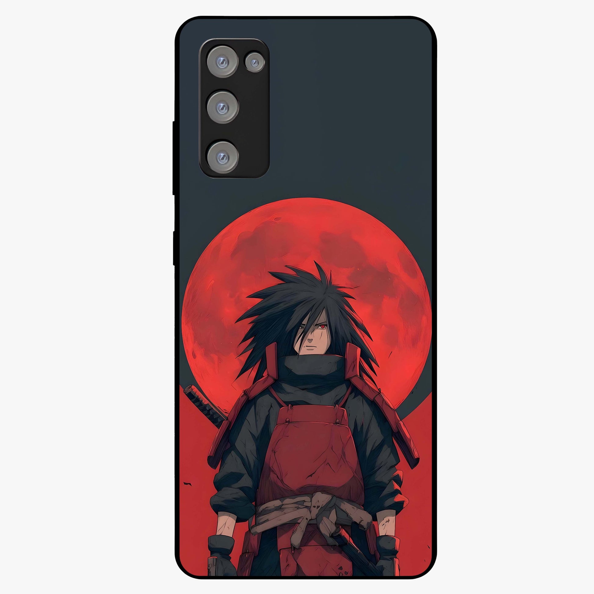 Crimson Moon Warlord Glass Case showing flat back view with mystical moon warrior artwork and glossy glass finish.