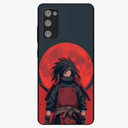 Crimson Moon Warlord Glass Case showing flat back view with mystical moon warrior artwork and glossy glass finish.
