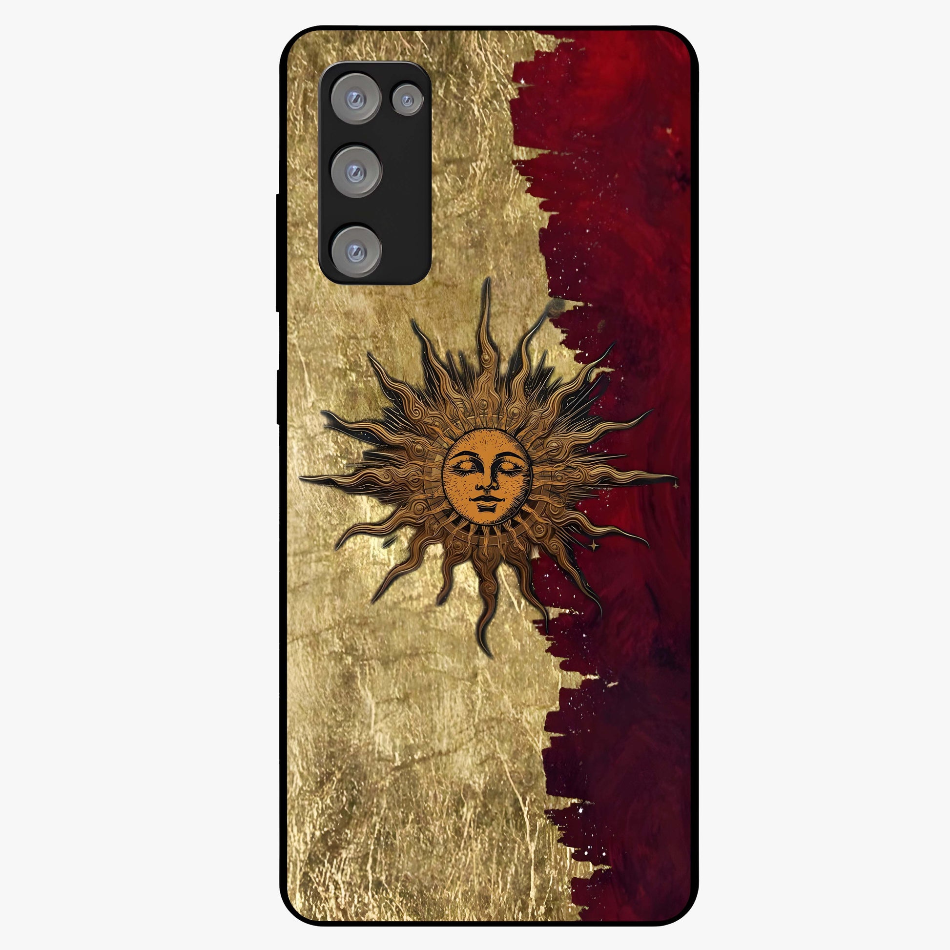 Crimson Sun Majesty Glass Case showing flat back view with radiant sun inspired artwork and glossy glass finish.