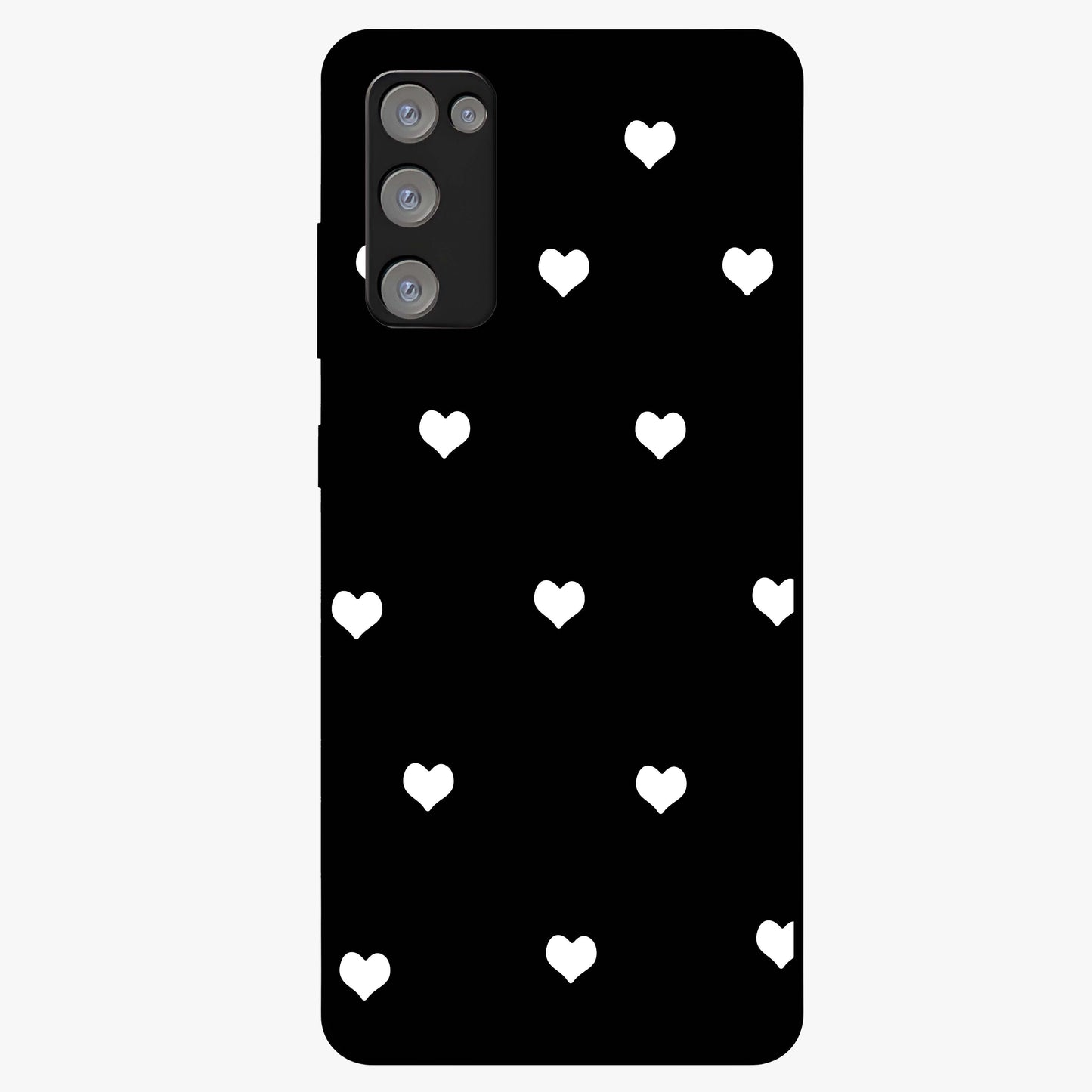 Cute And Simple White Hearts Glass Case showing flat back view with minimal white heart pattern and glossy glass finish.