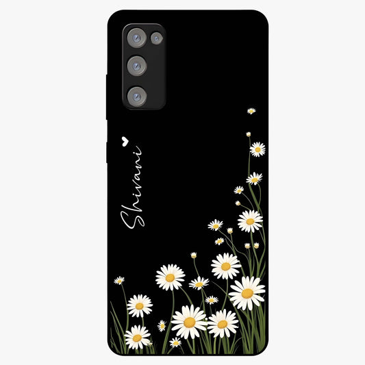 Daisy Cascade Custom Name Glass Case showing flat back view with cascading daisy flowers and personalized name design.