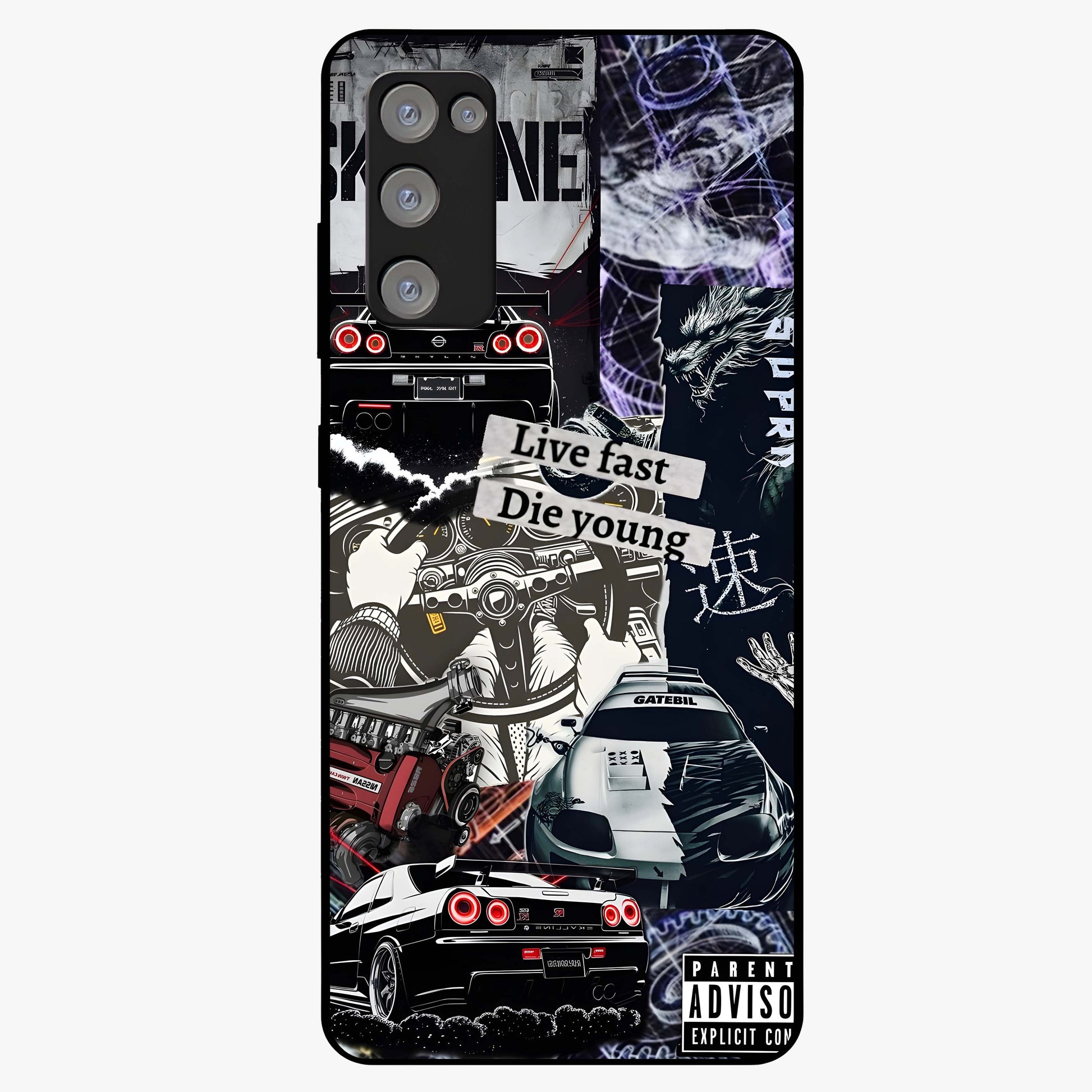 Die Young Glass Case showing flat back view with bold artistic typography design and glossy glass finish.