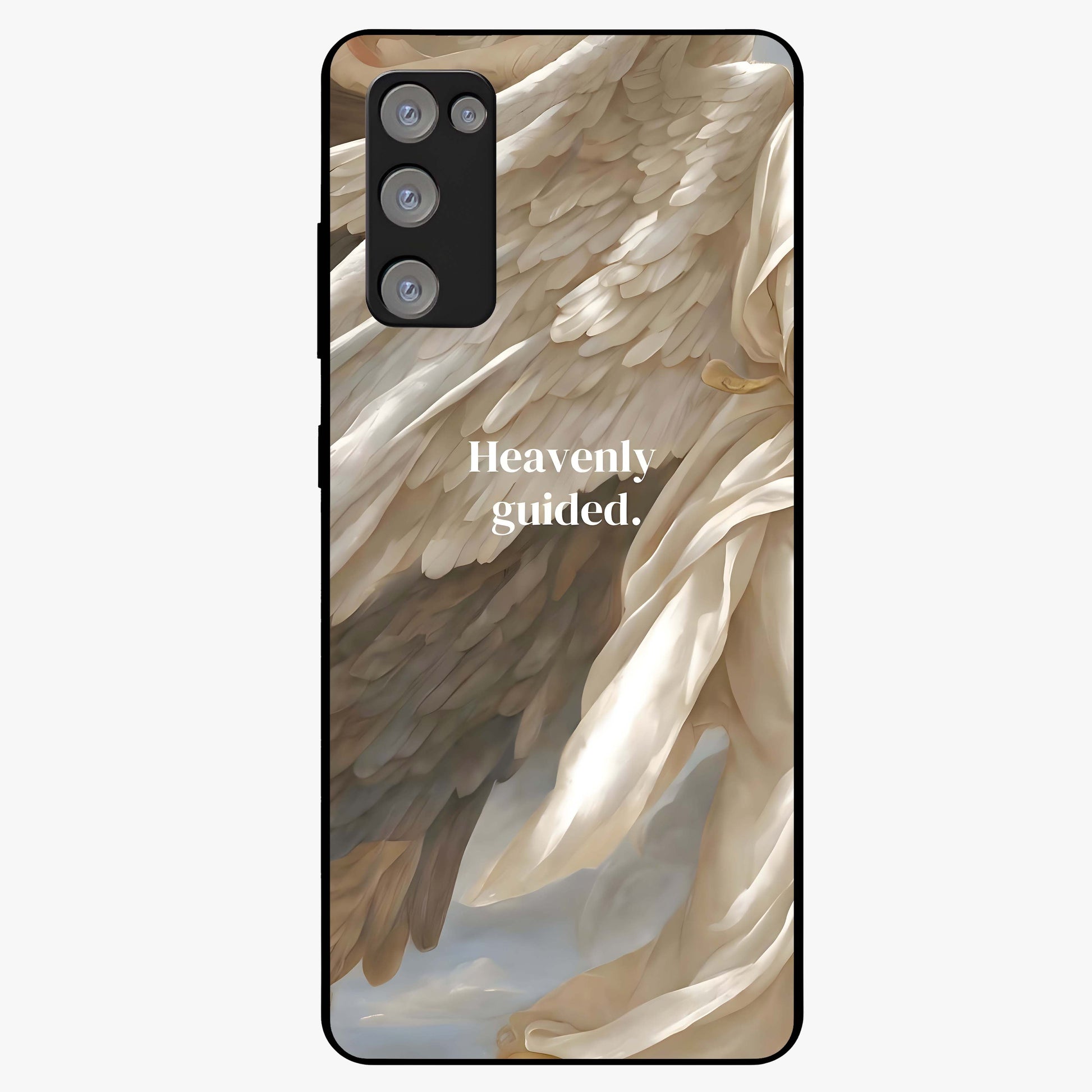 Divine Winged Grace Glass Case showing flat back view with elegant wing inspired artwork and glossy glass finish.