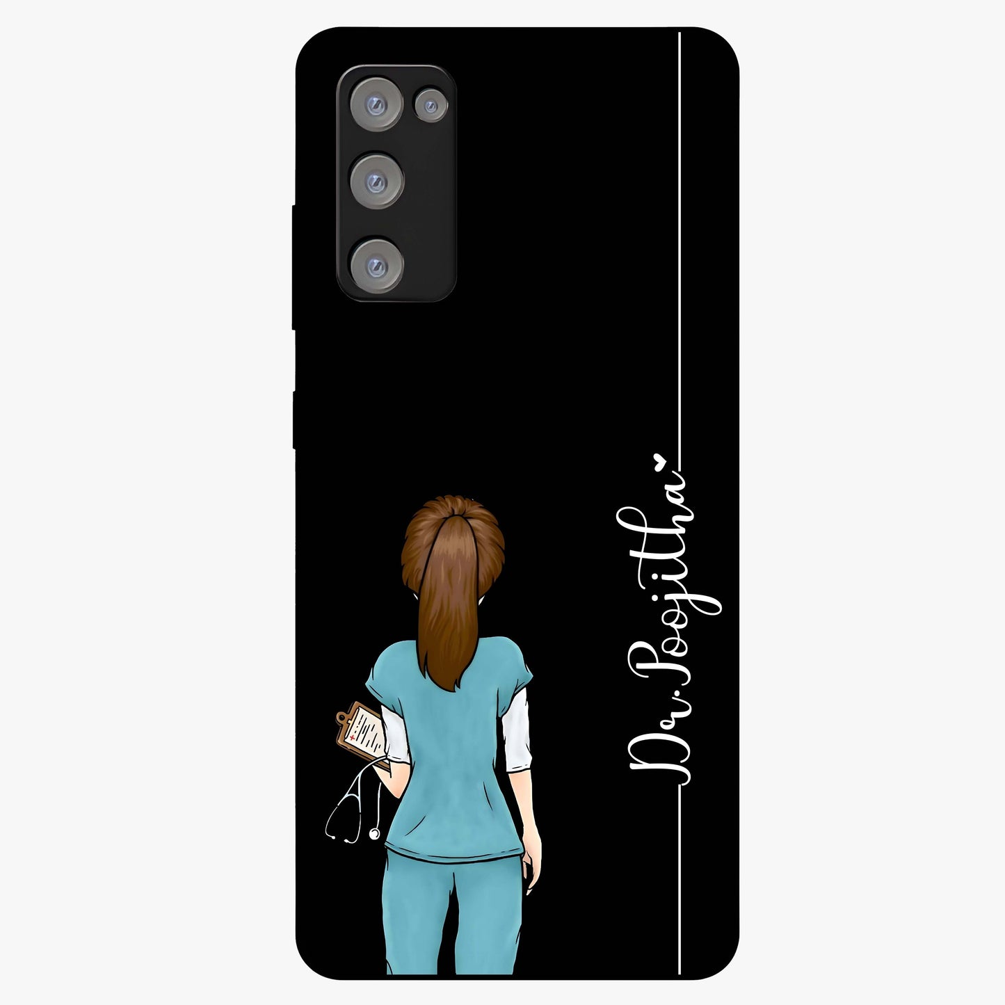 Doctor Pattern Custom Name Glass Case showing flat back view with medical themed pattern and personalized name design.