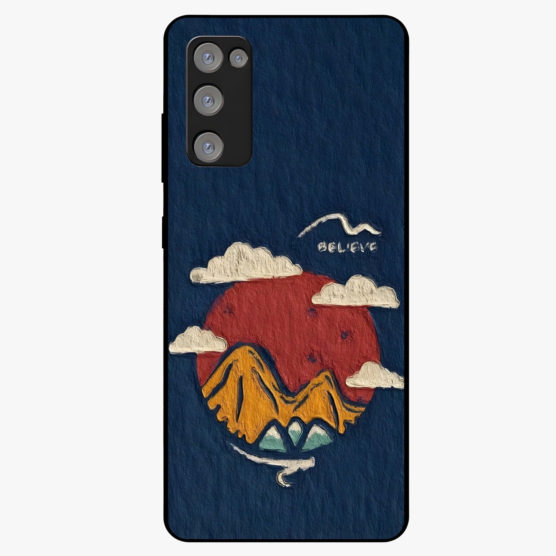 Dream Beyond Mountains Glass Case showing flat back view with scenic mountain landscape artwork and glossy glass finish.
