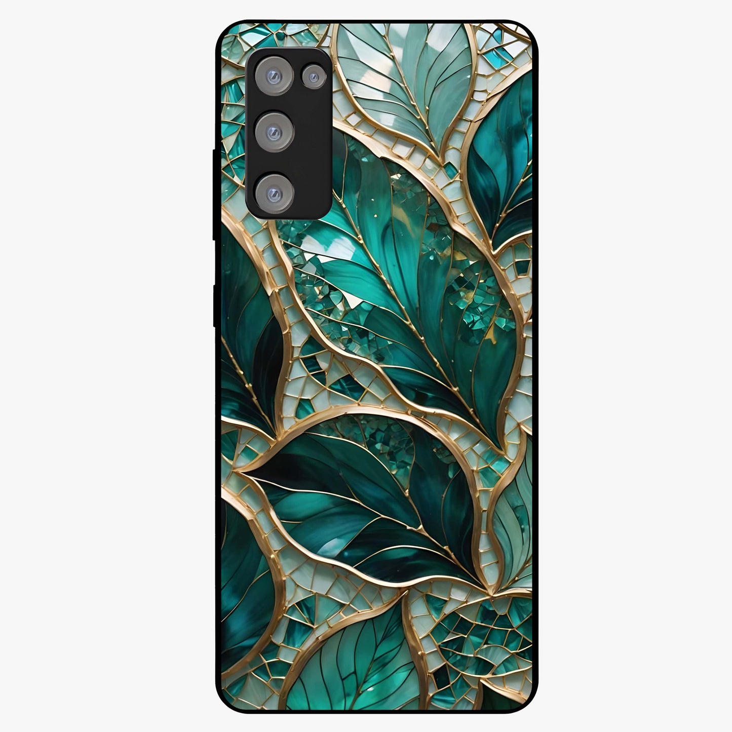 Emerald Leaf Glass Glass Case showing flat back view with emerald green leaf artwork and glossy glass finish.
