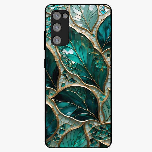Emerald Leaf Glass Glass Case showing flat back view with emerald green leaf artwork and glossy glass finish.