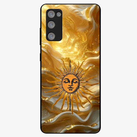 Eternal Golden Glow Glass Case showing flat back view with radiant golden themed artwork and glossy glass finish.