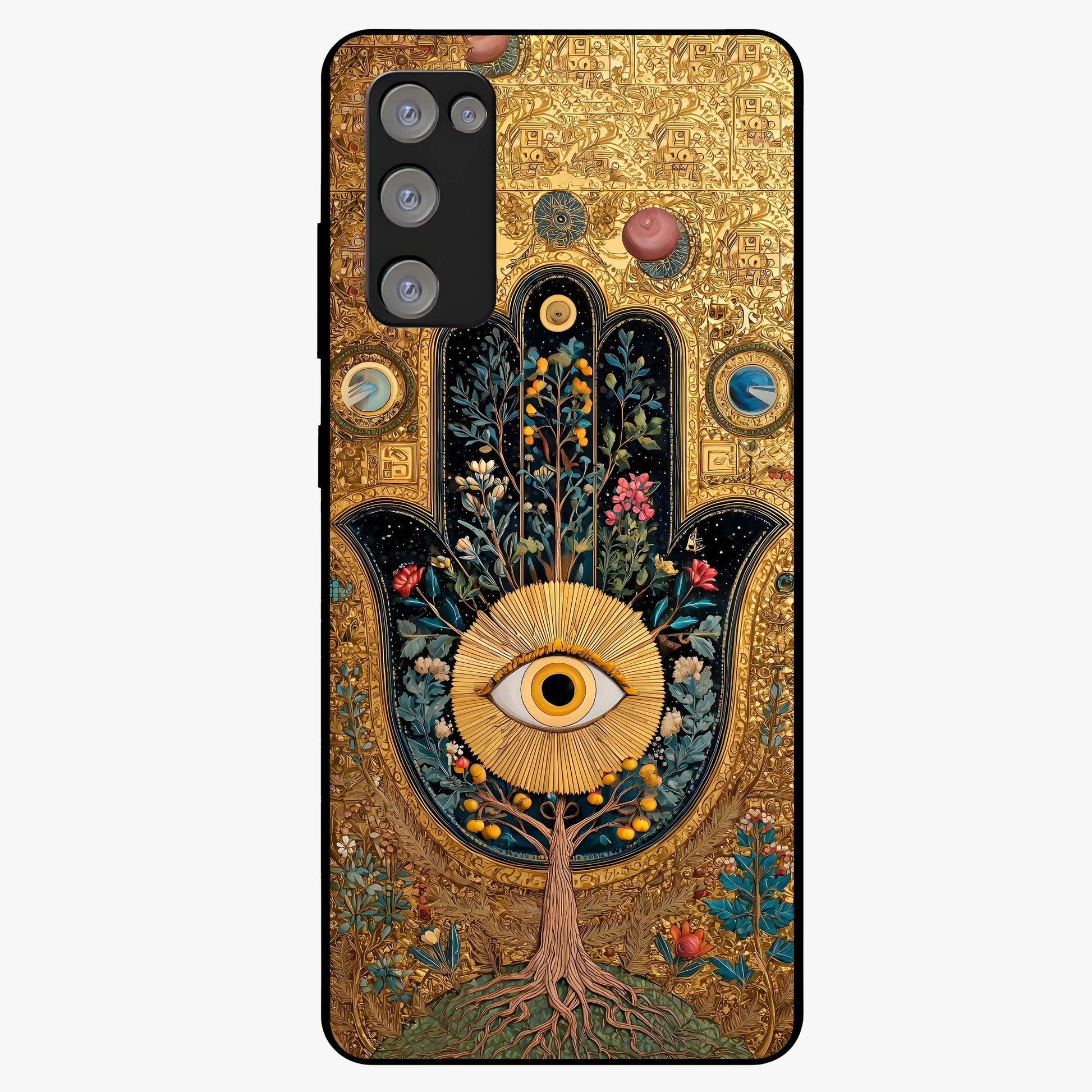 Ethereal Evil Eye Glass Case showing flat back view with mystical evil eye artwork and glossy glass finish.
