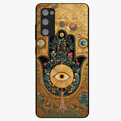 Ethereal Evil Eye Glass Case showing flat back view with mystical evil eye artwork and glossy glass finish.