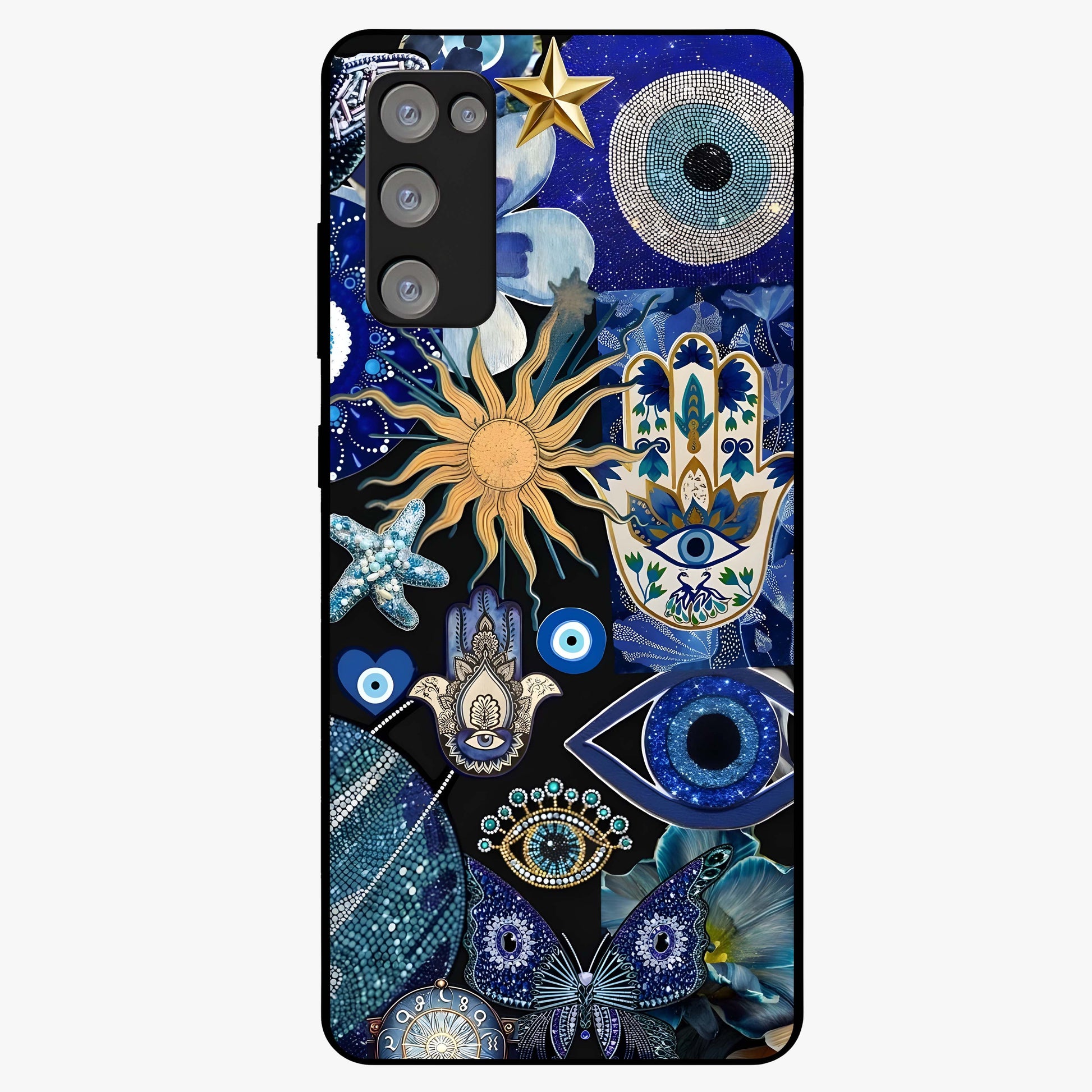 Evil Eye Charm Mix Glass Case showing flat back view with multiple evil eye charms artwork and glossy glass finish.