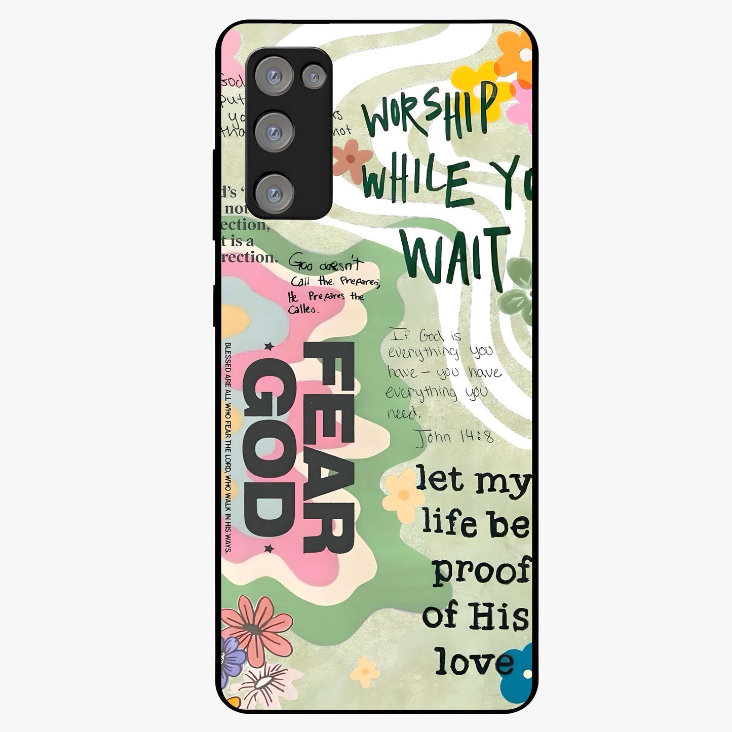 Faith Over Fear Glass Case showing flat back view with motivational typography artwork and glossy glass finish.