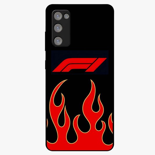 Fire F11 Glass Case showing flat back view with fiery themed artwork and glossy glass finish.