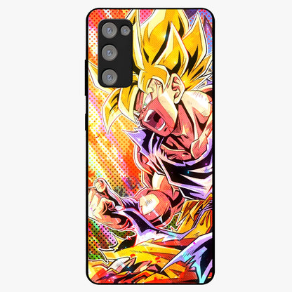 Firing Goku Glass Case showing flat back view with powerful anime inspired artwork and glossy glass finish.