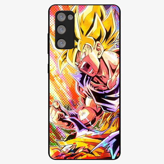 Firing Goku Glass Case showing flat back view with powerful anime inspired artwork and glossy glass finish.