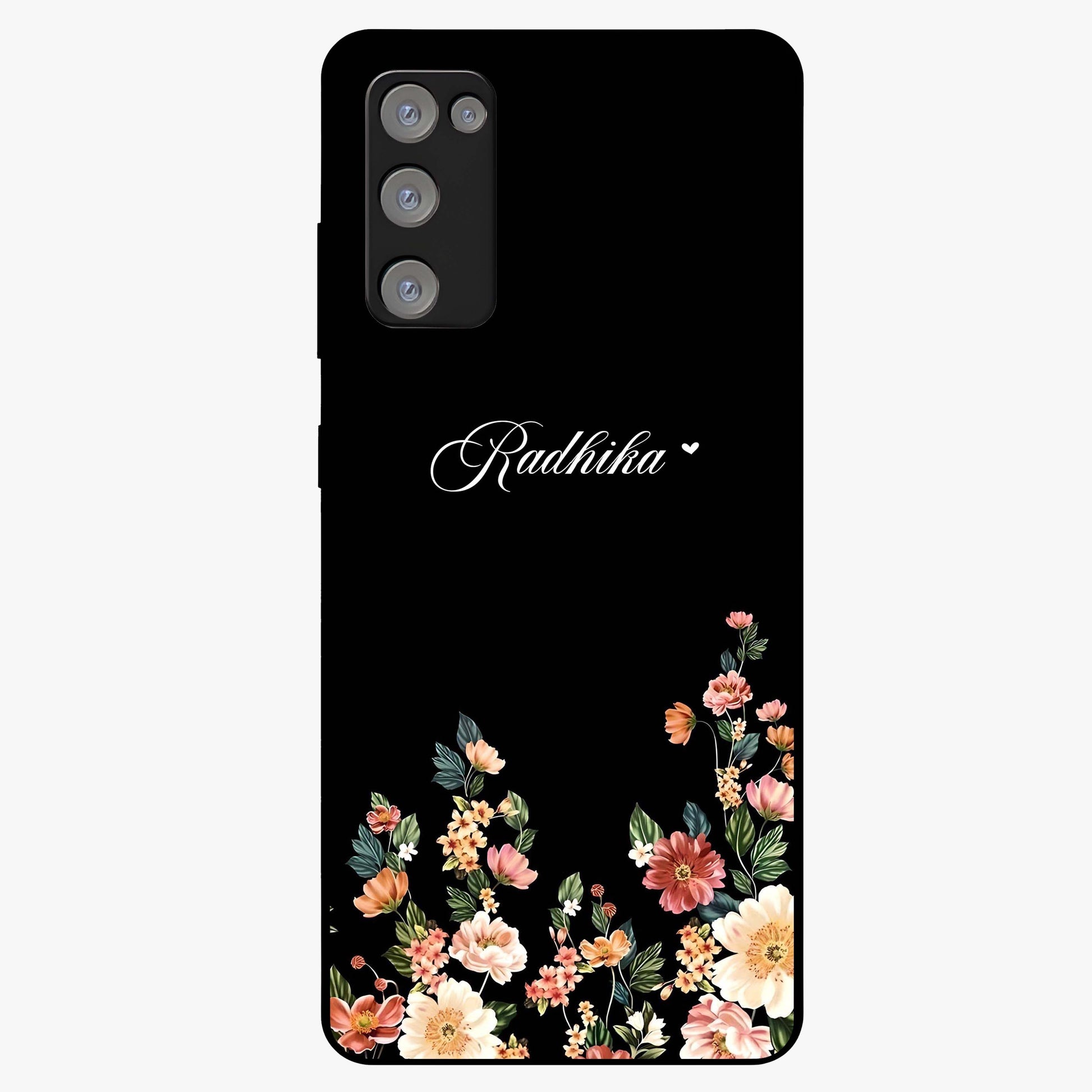 Floral Design With a Custom Personalized Name Glass Case showing flat back view with floral artwork and personalized name design.