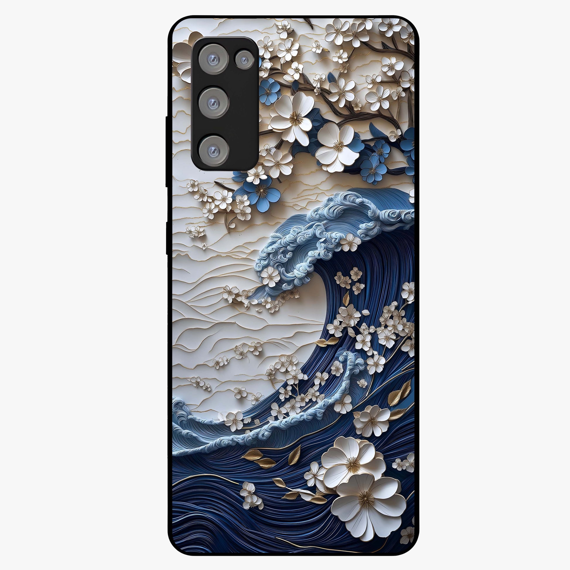 Floral Wave Origami Glass Case showing flat back view with origami inspired floral wave artwork and glossy glass finish.