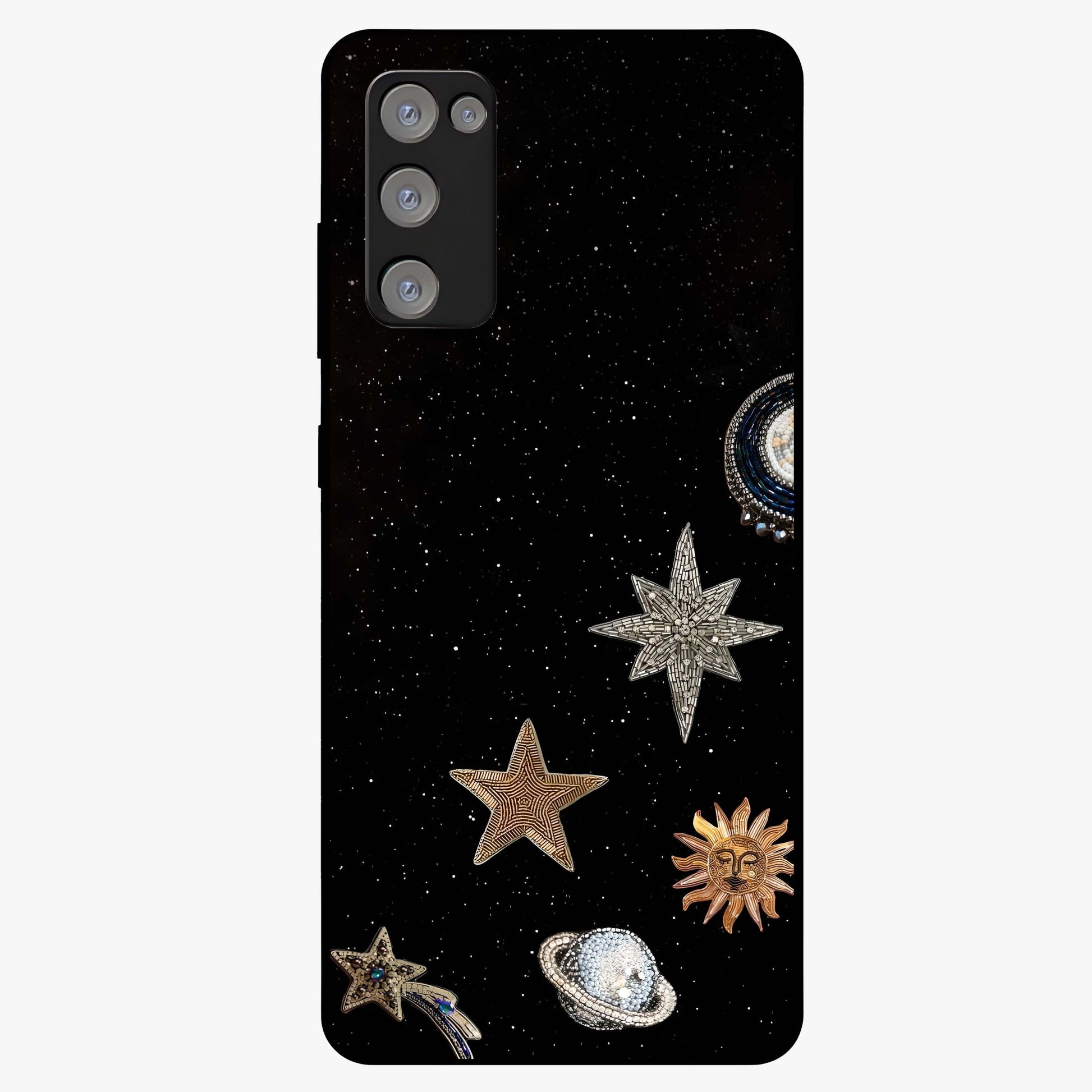 Galactic Charm Glow Glass Case showing flat back view with glowing celestial charm artwork and glossy glass finish.