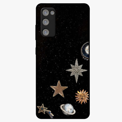 Galactic Charm Glow Glass Case showing flat back view with glowing celestial charm artwork and glossy glass finish.