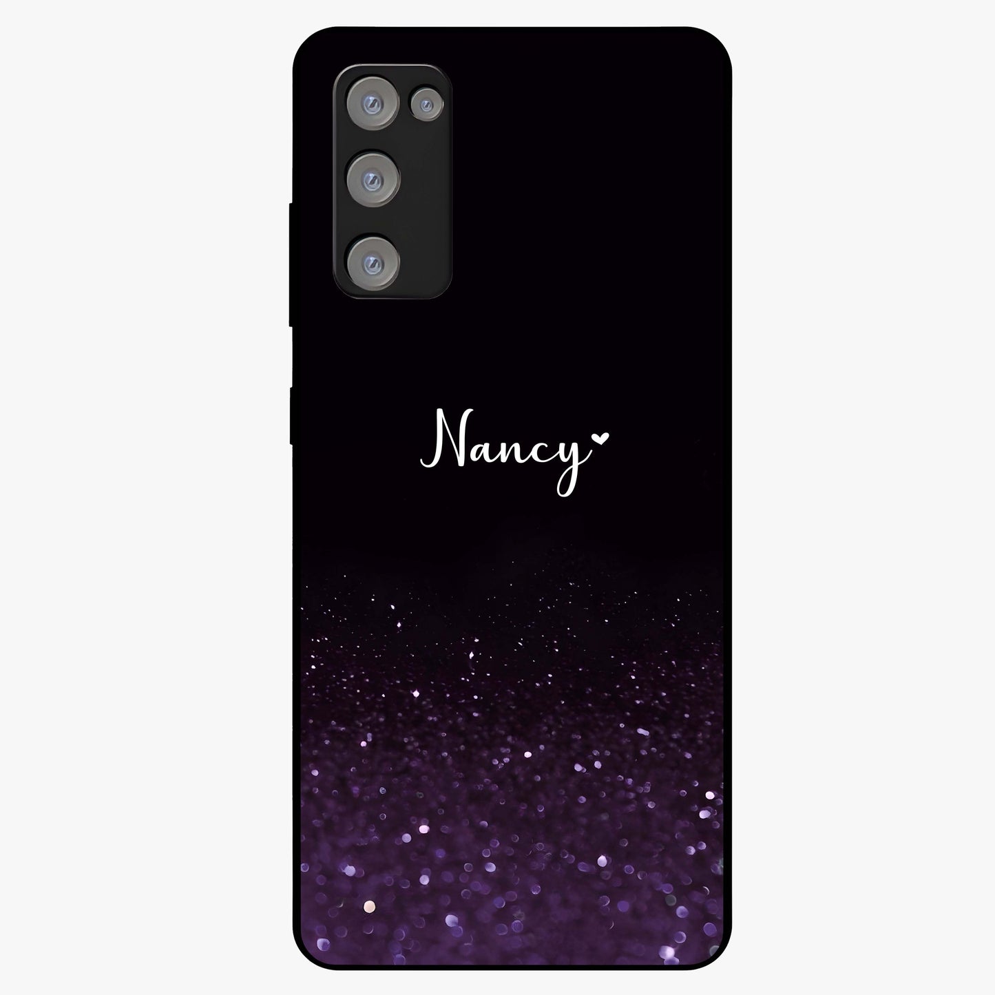 Glittery Purple Bokeh Custom Name Glass Case showing flat back view with purple bokeh sparkle artwork and personalized name design.