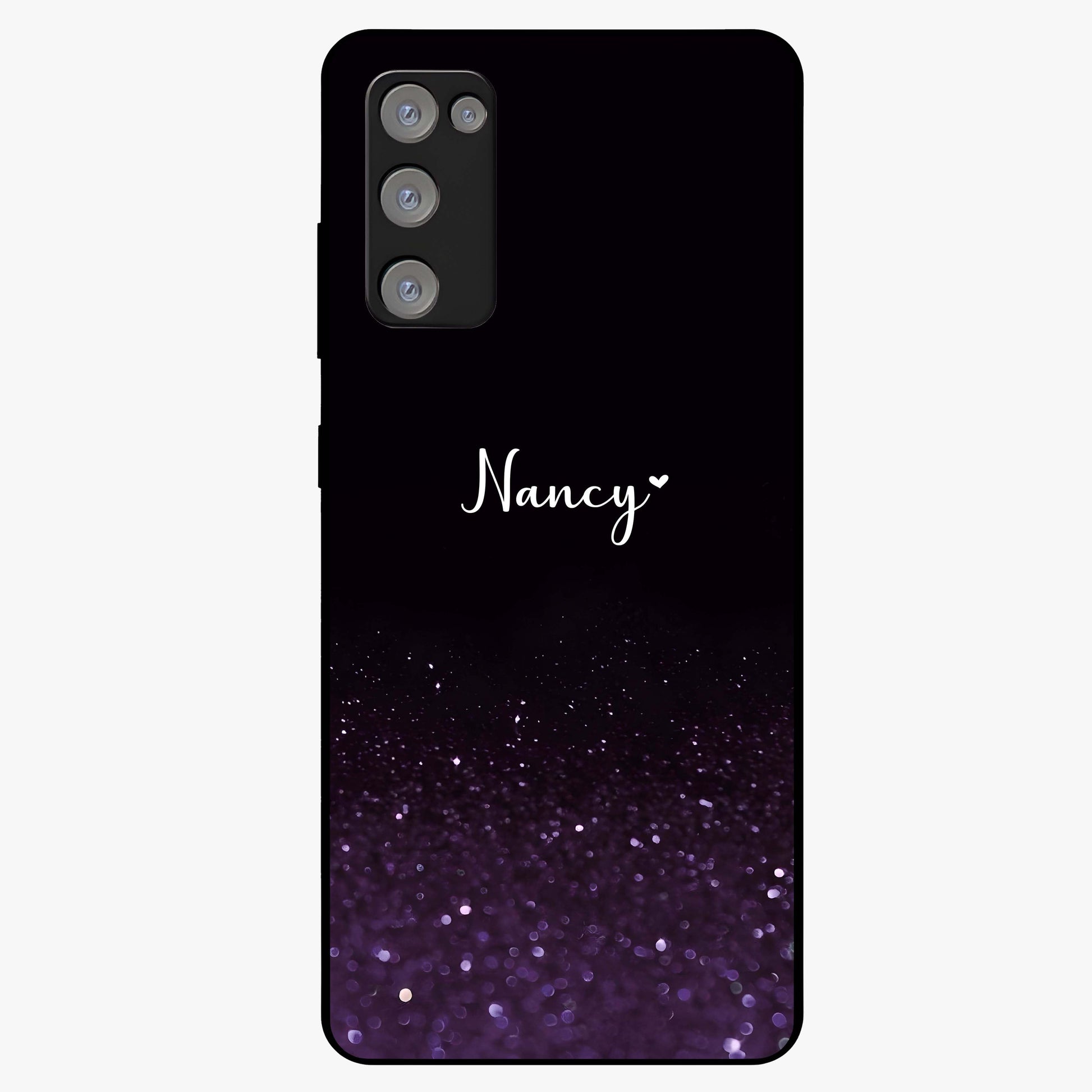 Glittery Purple Bokeh Custom Name Glass Case showing flat back view with purple bokeh sparkle artwork and personalized name design.