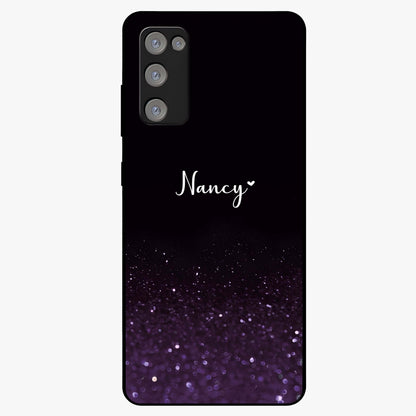 Glittery Purple Bokeh Custom Name Glass Case showing flat back view with purple bokeh sparkle artwork and personalized name design.