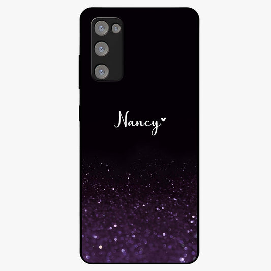 Glittery Purple Bokeh Custom Name Glass Case showing flat back view with purple bokeh sparkle artwork and personalized name design.