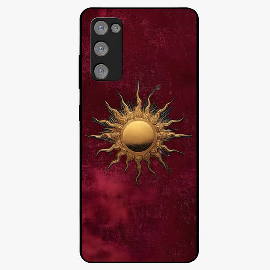 Gold Sun Blush Glass Case showing flat back view with golden sun inspired artwork and glossy glass finish.