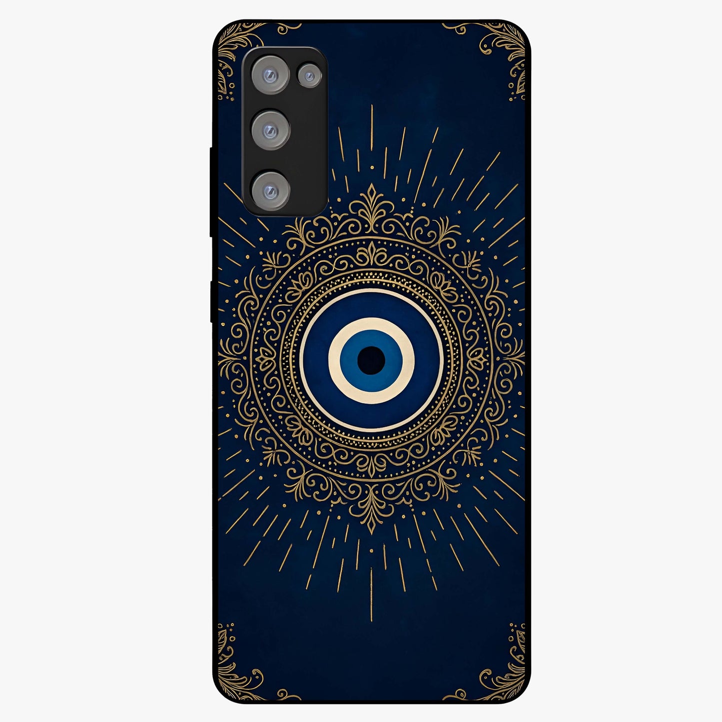 Golden Evil Eye Mandala Glass Case showing flat back view with intricate evil eye mandala artwork and glossy glass finish.