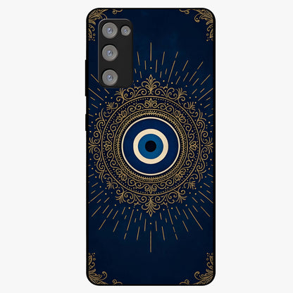 Golden Evil Eye Mandala Glass Case showing flat back view with intricate evil eye mandala artwork and glossy glass finish.