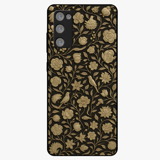 Golden Floral Majesty Glass Case showing flat back view with luxurious golden floral artwork and glossy glass finish.