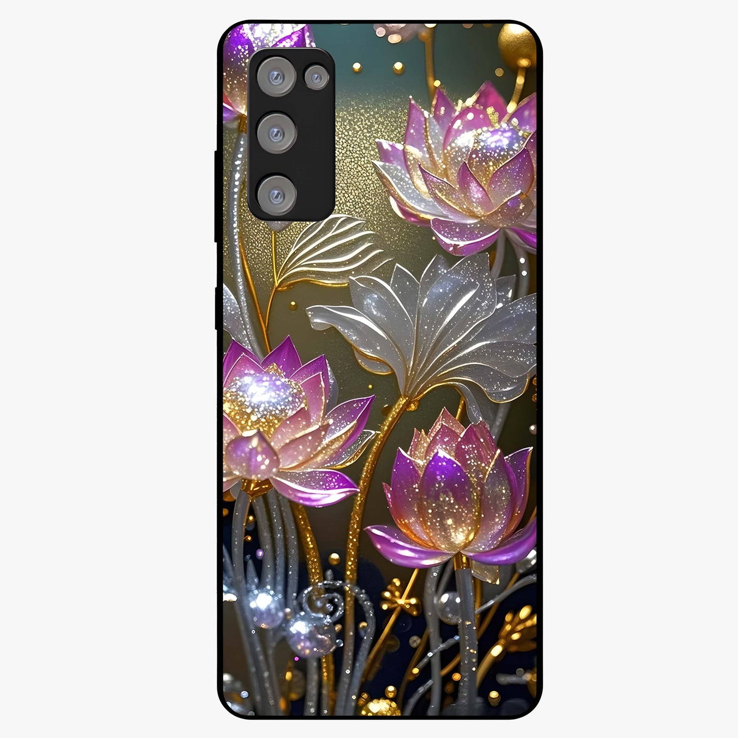 Golden Lotus Glow Glass Case showing flat back view with glowing lotus flower artwork and glossy glass finish.