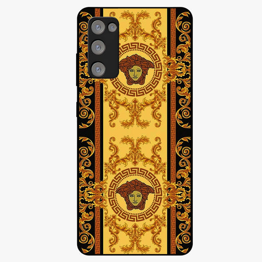 Golden Royal Heritage Glass Case showing flat back view with ornate royal pattern artwork and glossy glass finish.
