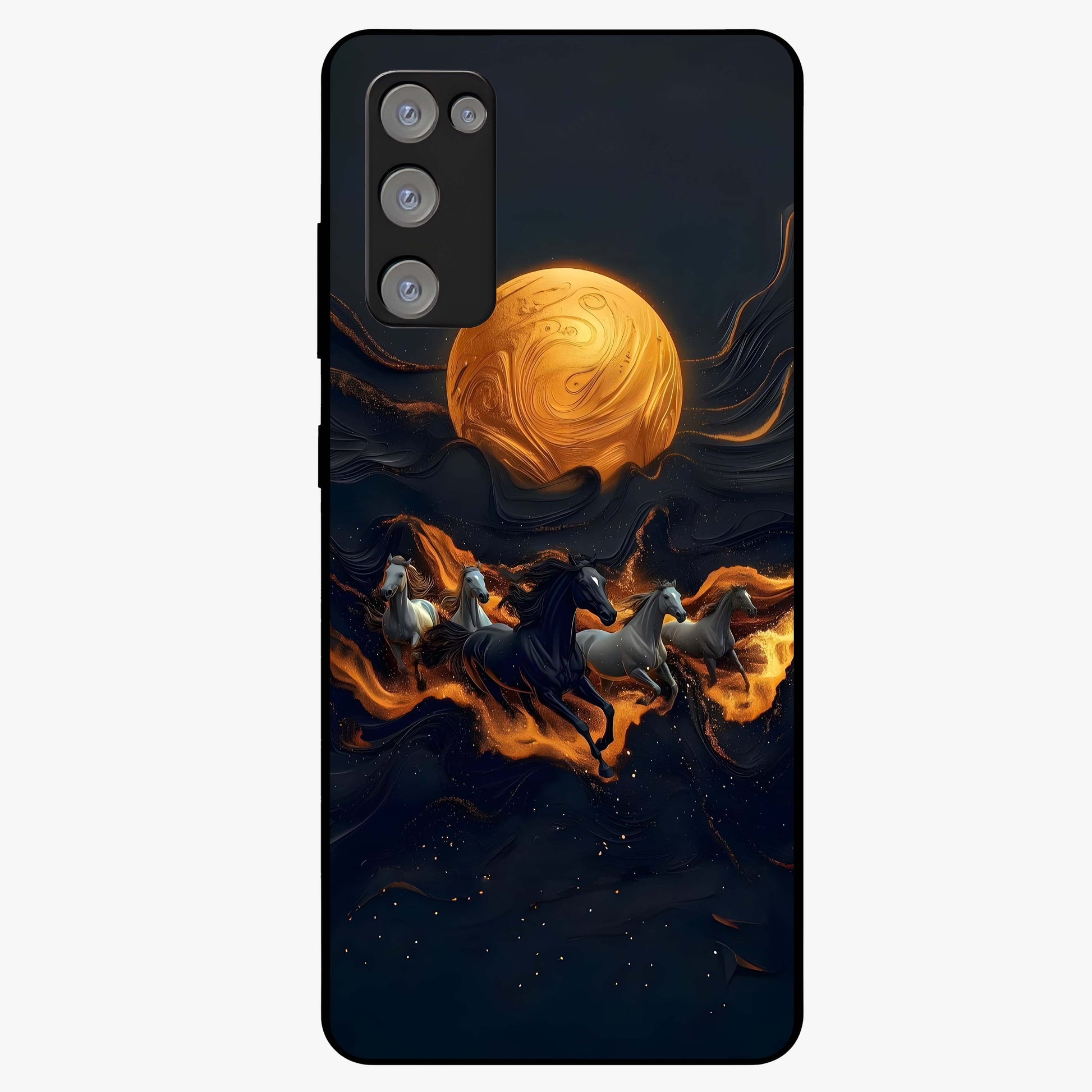 Golden Stallion Moonride Glass Case showing flat back view with majestic horse under moonlight artwork and glossy glass finish.