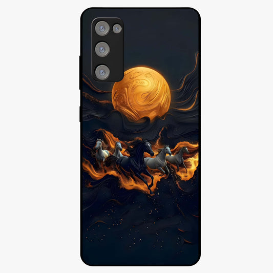 Golden Stallion Moonride Glass Case showing flat back view with majestic horse under moonlight artwork and glossy glass finish.