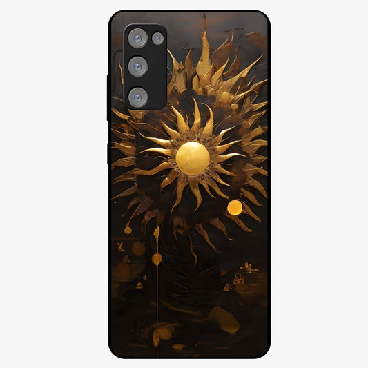 Golden Sun Majesty Glass Case showing flat back view with radiant golden sun artwork and glossy glass finish.