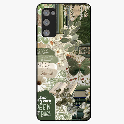 Green Islamic Books Quotes Glass Case showing flat back view with Islamic quotes and book themed artwork and glossy glass finish.