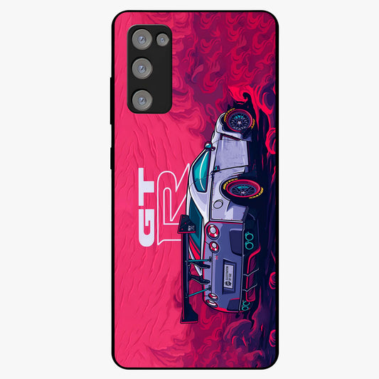 GT-R Car Pattern Glass Case showing flat back view with sporty car inspired pattern artwork and glossy glass finish.