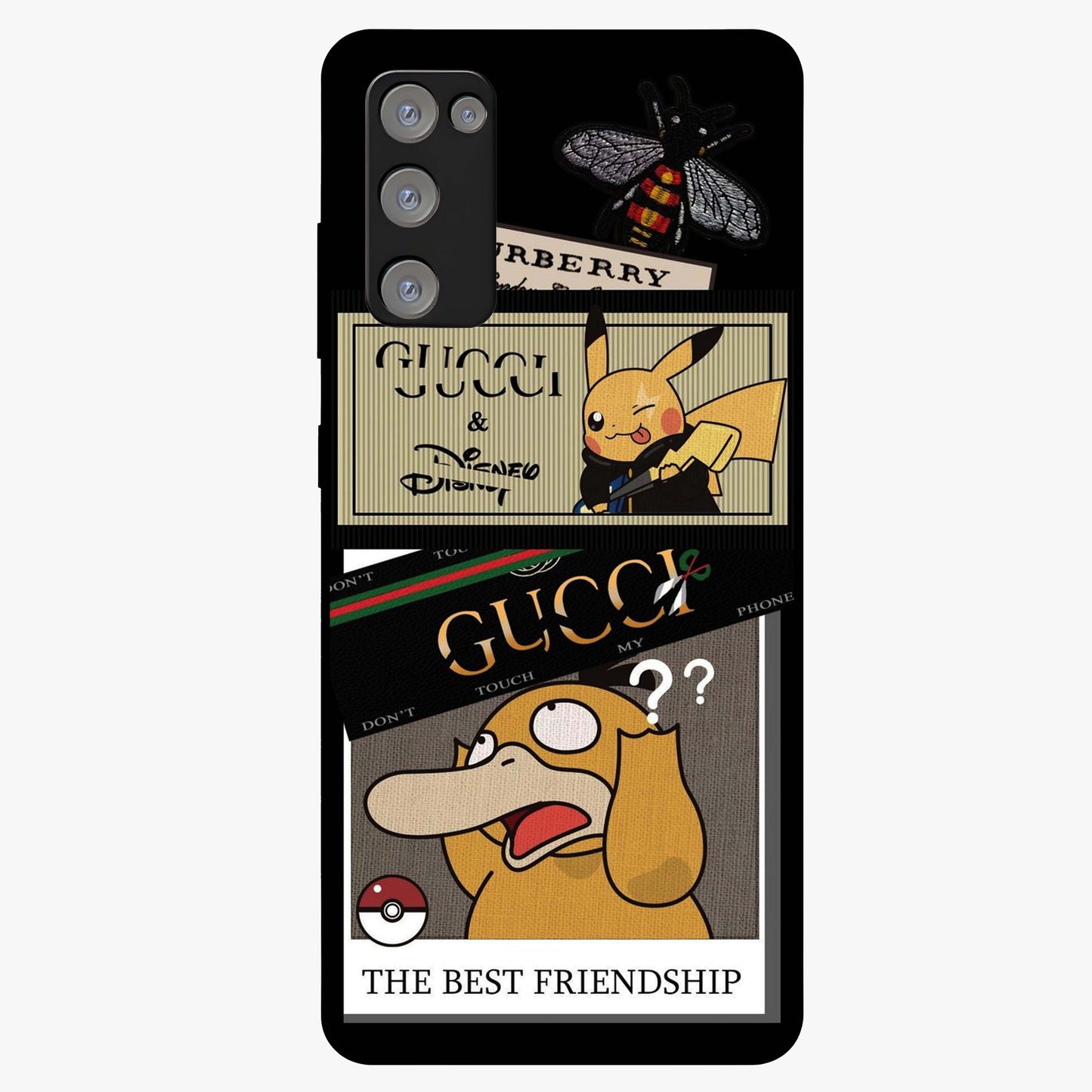 Gucci Play Mashup Glass Case showing flat back view with luxury inspired graphic artwork and glossy glass finish.