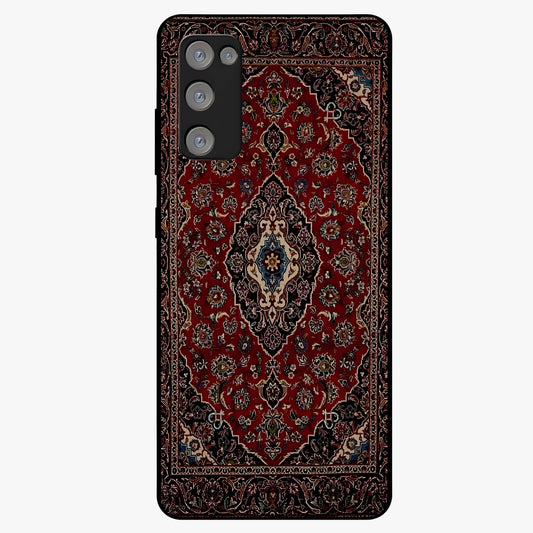 Heritage Carpet Royale Glass Case showing flat back view with ornate Persian carpet inspired pattern and glossy glass finish.