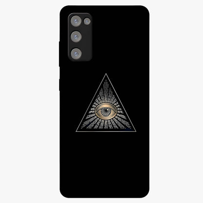 Illuminati Evil Glass Case showing flat back view with mysterious illuminati symbol artwork and glossy glass finish.