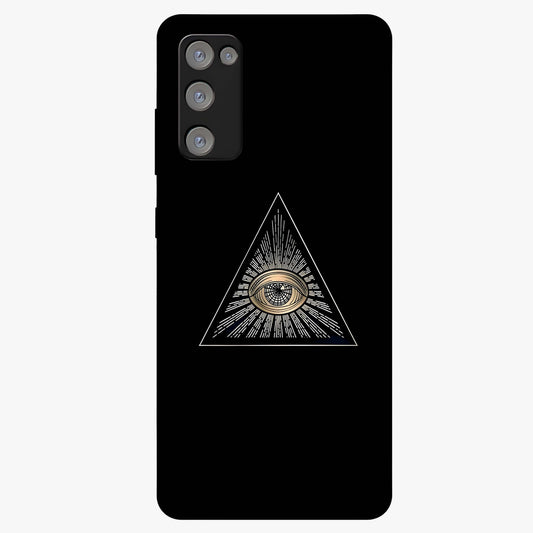 Illuminati Evil Glass Case showing flat back view with mysterious illuminati symbol artwork and glossy glass finish.